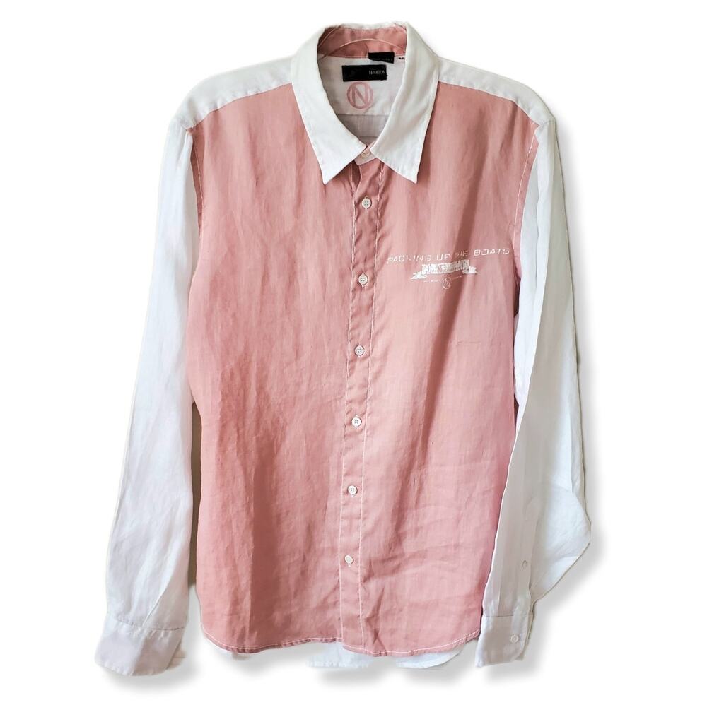 NaniBon Italy Linen Button Shirt M Color Block Classic European Preppy Natural